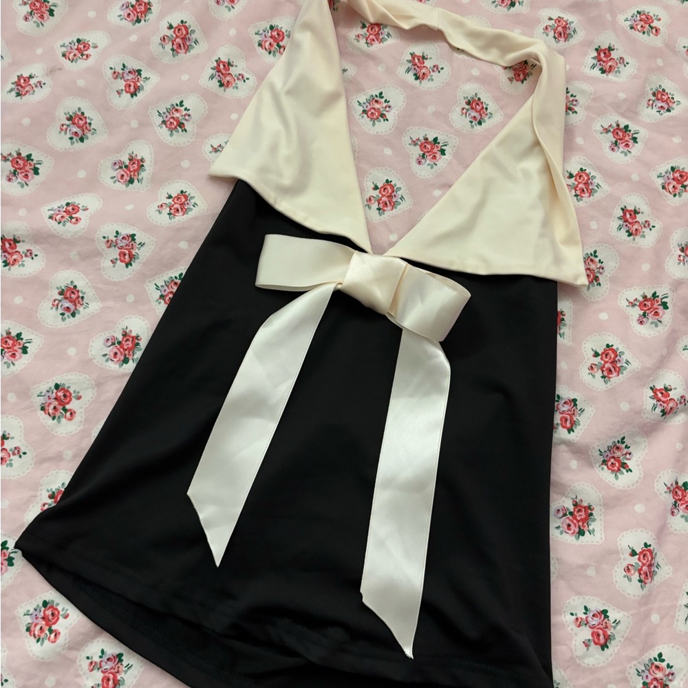 SHEIN Black and Cream Bow Tank Top